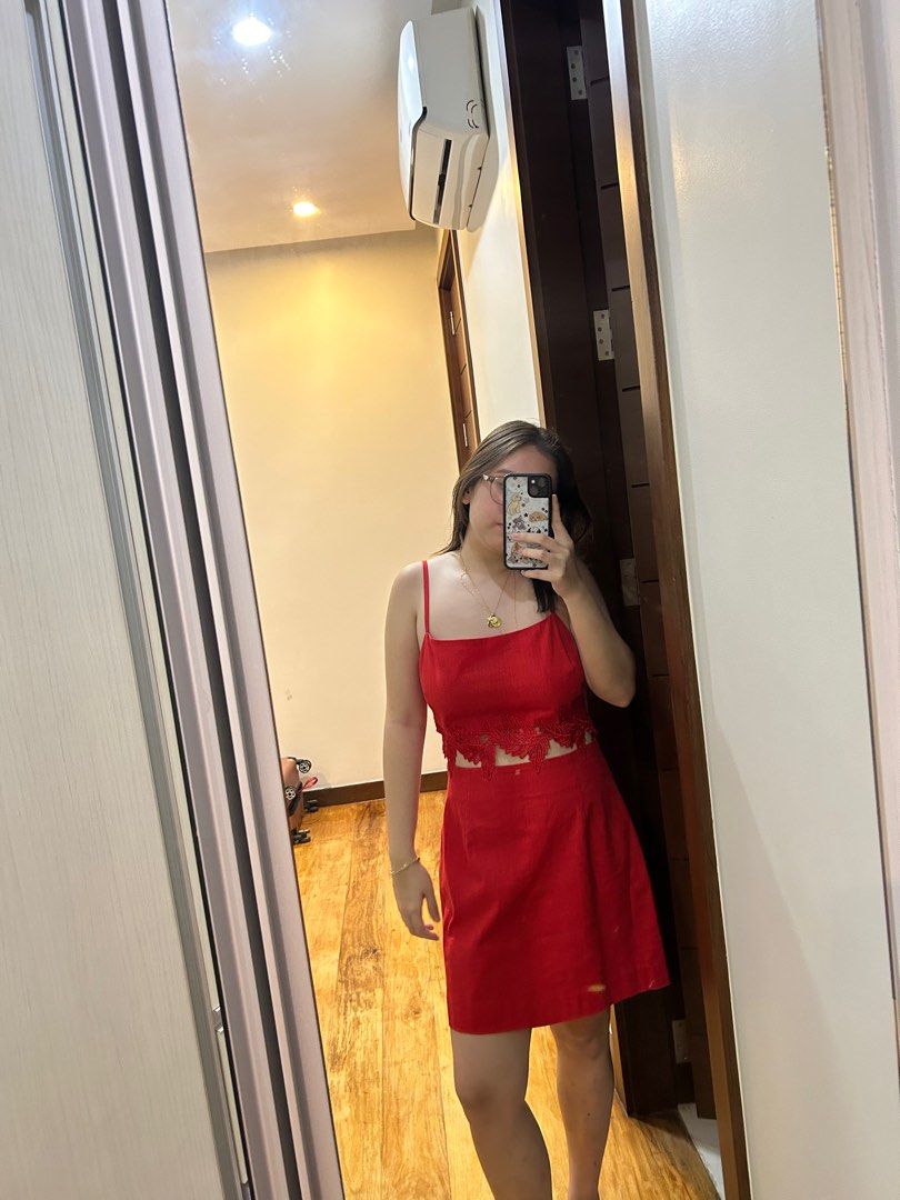 BNWT mango red linen cut-out dress, Women's Fashion, Dresses & Sets, Dresses  on Carousell