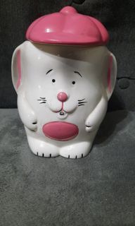 Ceramic jar storage 7x6" pink white animal face
