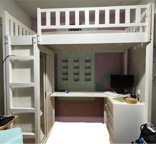 Customized loft/bunk bed with shelves, cabinet and L shape desk