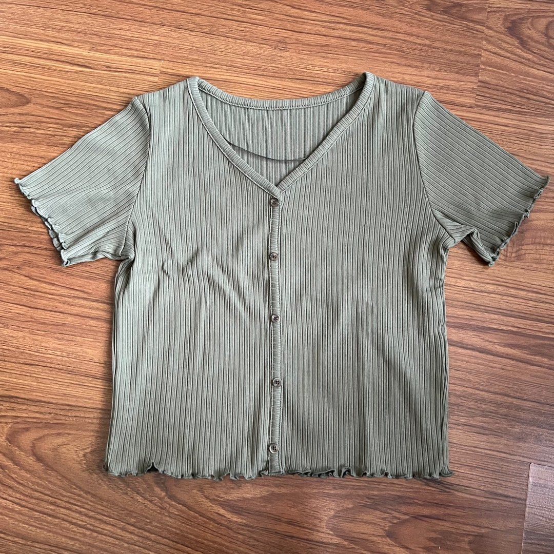 GU olive green top (Category: Shirts) located in Manila. Submitted by basicbaguette (Listing ID 1302619975, Image 1). Description: best fits small-medium.
