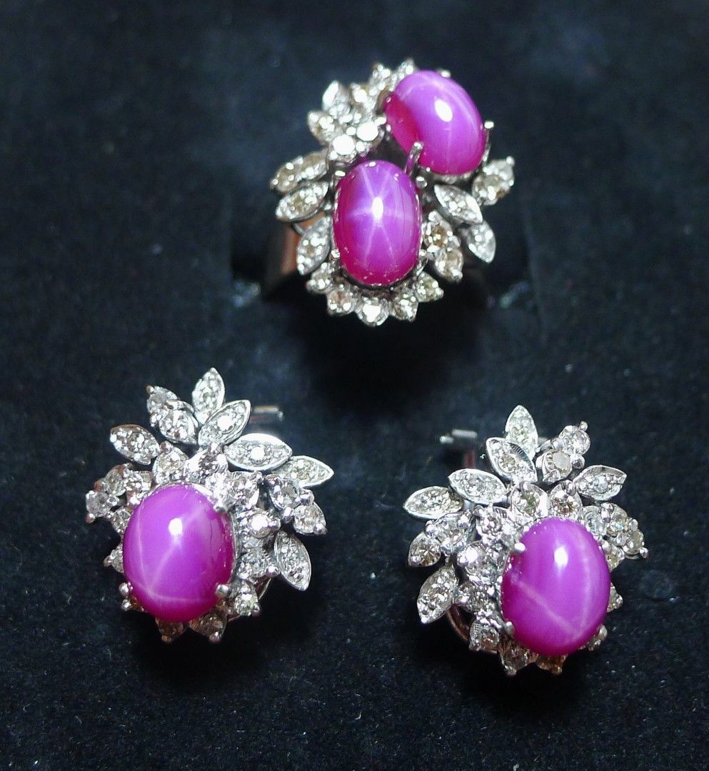 Natural Star ruby's in white gold with diamonds (Category: Earrings) located in Makati City. Submitted by epictiger. (Listing ID 1302663297, Image 2). Description: Natural star ruby's in white gold with diamonds. Earrings and ring. Authentic vintage in very good condition. Sold as set..