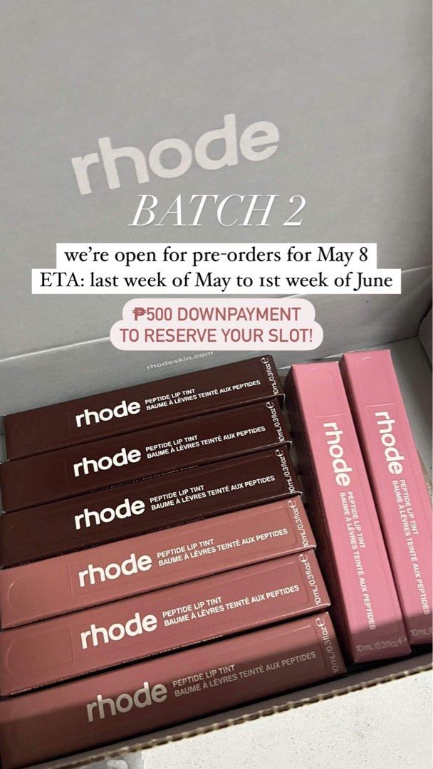 RHODE Lip Peptide Tints BATCH 2 PRE-ORDER (Category: Makeup) located in Quezon City. Submitted by shopwithus08__ (Listing ID 1301983805, Image 1). Description: BATCH 2 🫦 We’re currently taking pre-orders for RHODE Lip Peptide Tints I'll be requiring a DP for the following: Lip case - Php 1,000 Lip tint - Php 500 I will return the DP asap once i wasnt able to order. 📣 WE HAVE EXTRAS! 1 ribbon 🎀 1 espresso ☕️ 1 toast 🍞 EDA: last week of may or 