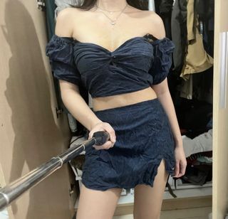 Sexy Puffsleeve Bustier Style Gothic Croptop and Mini Skirt Coords with Slit Casual Coordinates