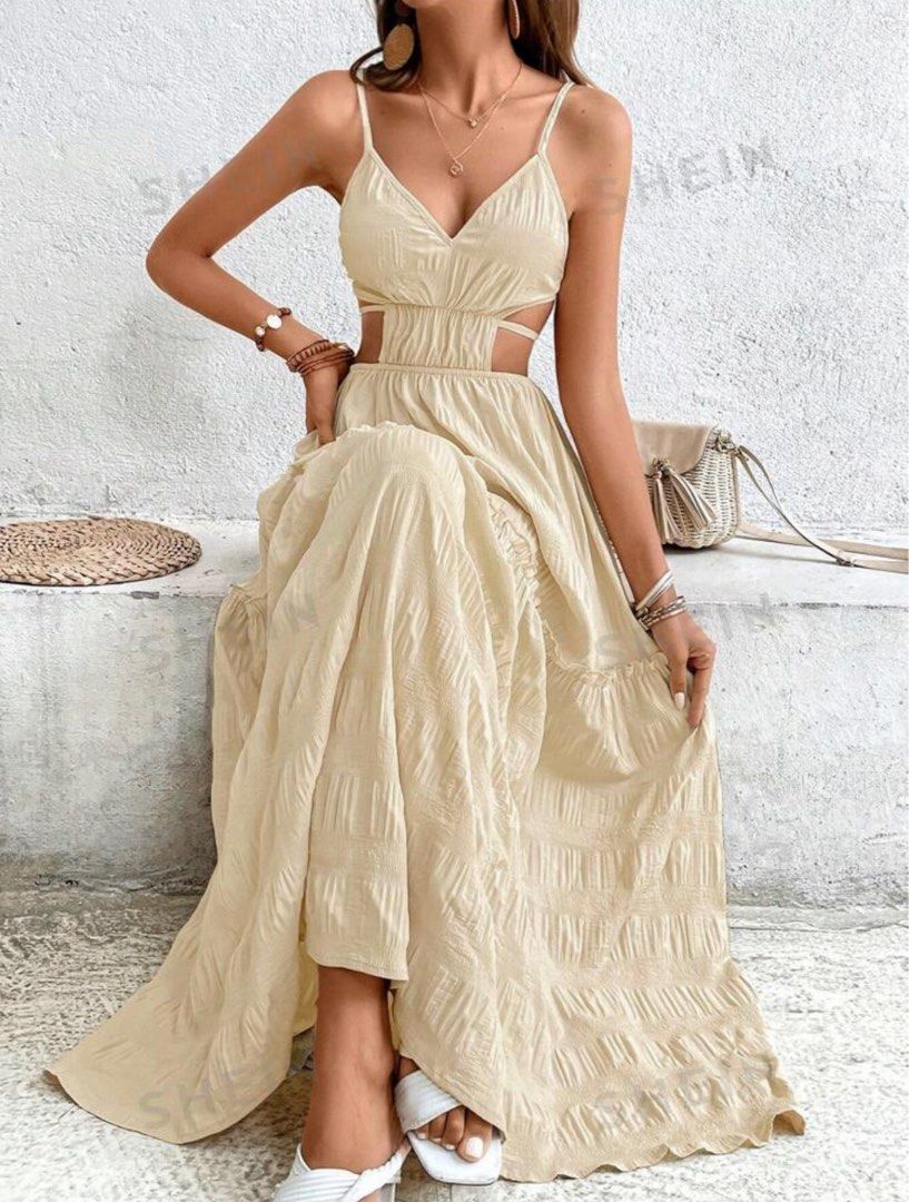 white christmas dresses SHEIN Pariaura Women's Elegant Khaki Hollow Cut-Out Slit Hem Fitted Dr