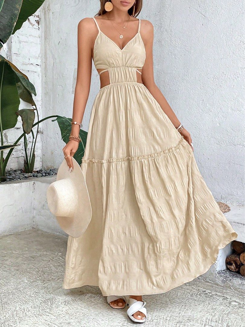 shein cut out maxi dress SHEIN VCAY Floral Print Tie Backless Split Waist Cutout Thigh Halter Long Summer Beach Women Dress