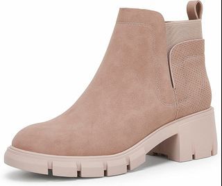 Womens Chelsea Ankle Boots Slip On Chunk Block Heel Lug Sole Elastic Platform Booties Suede Leather Winter Shoes(with minimal flaws) US7.5,US8