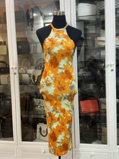 Zara Yellow Gold Paint Pattern Halter Strap Long Dress