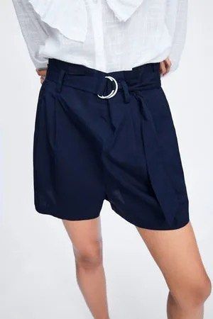 Zara 100% cotton summer shorts zara paperbag navy blue shorts with belt in belt errands beach movie casual day out Shorts stretchy smocked waist with side pockets Size US medium