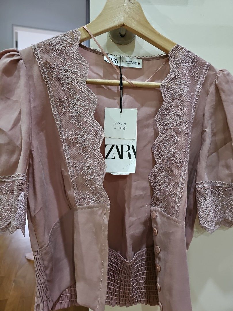 Zara dusty rose lace collar blouse