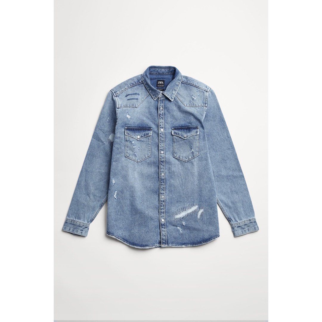 Zara Ripped Denim Overshirt Zara Green Denim Shirt ZARA Ripped