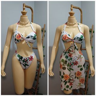 3in1 Swimwear Floral print Two Piece Swimsuit  Padded Halter Top & Bikini & Detachable Skirt Cover up (Large)  3pc