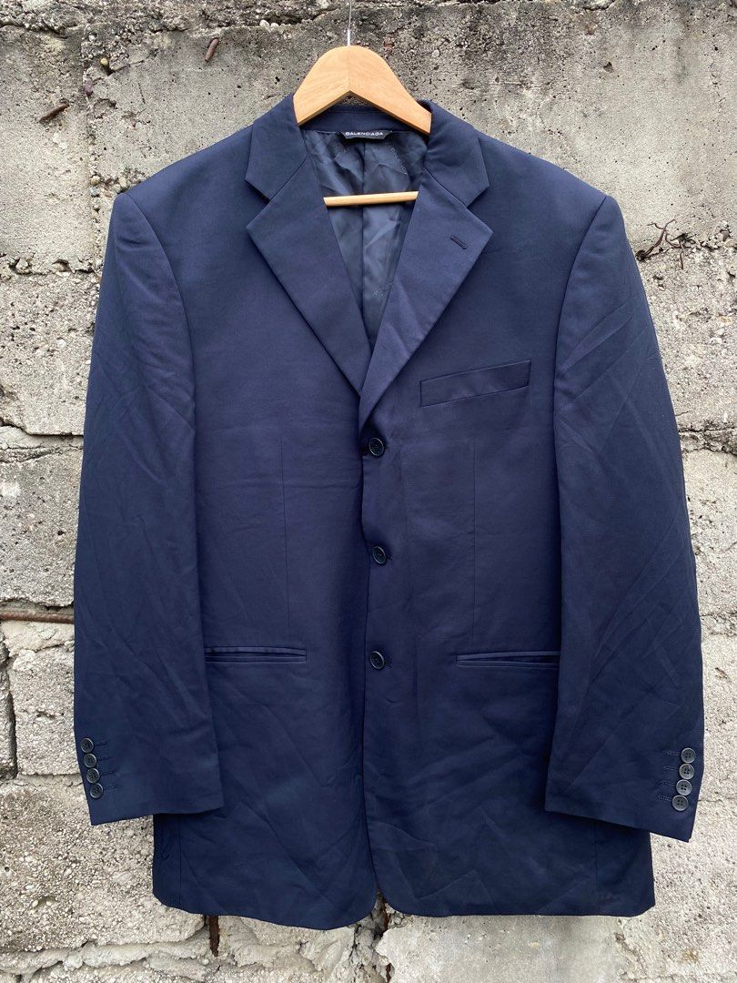 Balenciaga Navy Blue Blazer (Category: Coats, Jackets and Outerwear) located in Masantol. Submitted by Essentiality (Listing ID 1302788258, Image 2). Description: Balenciaga Navy Blue Blazer Size Xl Dimension: 23.5x33.5 Excellent 1500.
