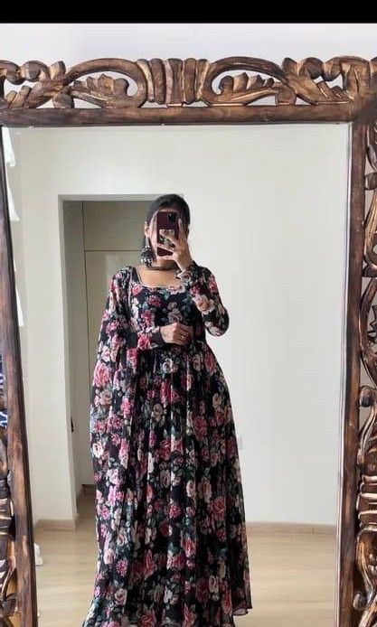 Beautiful Long Dress Full Flair Georgette Floral Anarkali Kurti Gowns with Matching Dupatta Set with Beautiful Fancy Waist Belt Fairy Dress for women Beautiful Colors and Design Women s Fashion Dresse...
