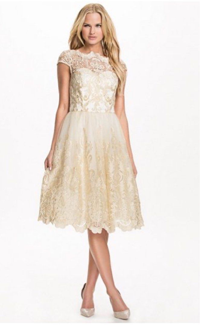 chi chi london white floral embroidered dress Chi Chi London Ivory Floral Tea Length V-Neck Lace Wedding Dress US Size 6 NWT
