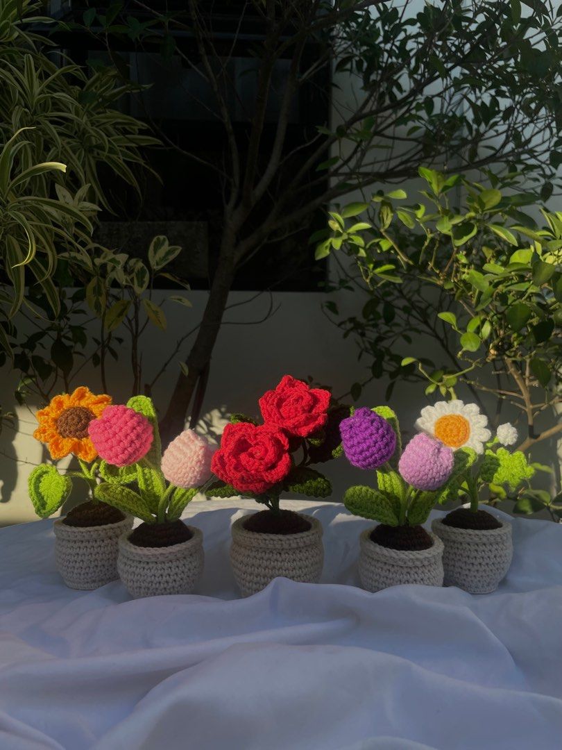 Crochet Potted Flower Plant (Category: Artificial Plants & Flowers) located in Pasig City. Submitted by aefs_ (Listing ID 1302888146, Image 2). Description: ONHAND & READY TO SHIP Crochet Potted Plants & On the Go Bouquets perfect fore Mother’s Day — PHP 299-489 only 🫶🏻 Check the photod for more details Message me for orders. 📩 AVAILABLE POT STOCKS: Rose Pot - 1pc Sunflower Pot - 2pcs Tulip Pot (Pink) - 2pcs Tulip Pot (Purple) & Daisy - SOLD O