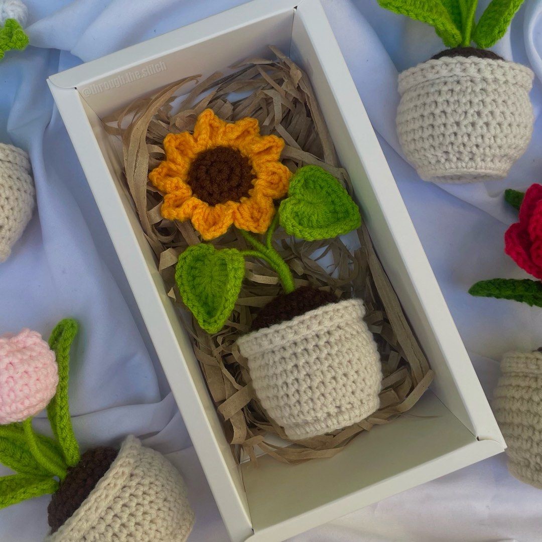 Crochet Potted Flower Plant (Category: Artificial Plants & Flowers) located in Pasig City. Submitted by aefs_ (Listing ID 1302888146, Image 3). Description: ONHAND & READY TO SHIP Crochet Potted Plants & On the Go Bouquets perfect fore Mother’s Day — PHP 299-489 only 🫶🏻 Check the photod for more details Message me for orders. 📩 AVAILABLE POT STOCKS: Rose Pot - 1pc Sunflower Pot - 2pcs Tulip Pot (Pink) - 2pcs Tulip Pot (Purple) & Daisy - SOLD O