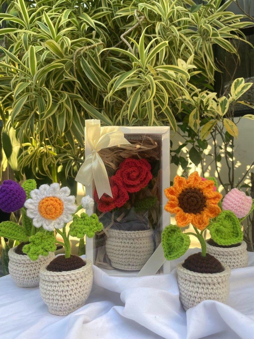 Crochet Potted Flower Plant (Category: Artificial Plants & Flowers) located in Pasig City. Submitted by aefs_ (Listing ID 1302888146, Image 1). Description: ONHAND & READY TO SHIP Crochet Potted Plants & On the Go Bouquets perfect fore Mother’s Day — PHP 299-489 only 🫶🏻 Check the photod for more details Message me for orders. 📩 AVAILABLE POT STOCKS: Rose Pot - 1pc Sunflower Pot - 2pcs Tulip Pot (Pink) - 2pcs Tulip Pot (Purple) & Daisy - SOLD O
