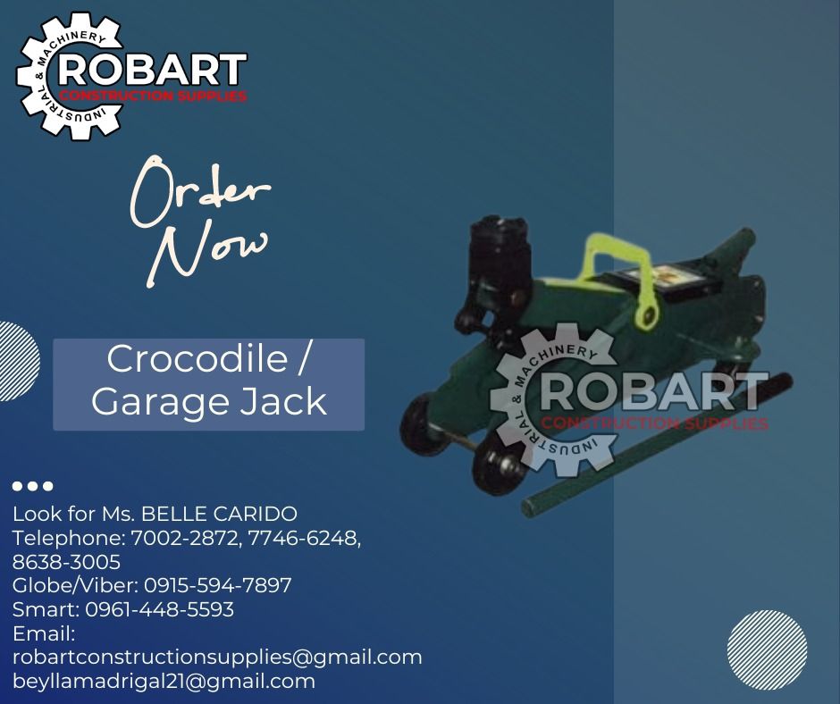 Crocodile / Garage Jack (Category: Construction Tools & Equipment) located in Manila. Submitted by bellarobart (Listing ID 1302768986, Image 1). Description: Crocodile / Garage Jack Model: JM-2021 Capacity: 2TONS 𝑹𝑶𝑩𝑨𝑹𝑻 𝑪𝑶𝑵𝑺𝑻𝑹𝑼𝑪𝑻𝑰𝑶𝑵 𝑺𝑼𝑷𝑷𝑳𝑰𝑬𝑺 #RobartConstructionSupplies #robartph #constructionmaterials #industrialsupply Office Address: 1405 Yuseco St. Sta Cruz Manila SEND US MESSAGE FOR INQUIRIES ‼️‼️ 🔵100% Trusted Suppl