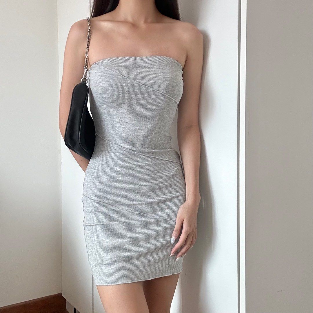 fashion nova heather ribbed tube mini dress grey