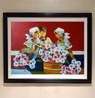 FLOWER VENDORS 29 x 23 inches OIL ON CANVAS Painting with Wood Frame, Ready to Hang