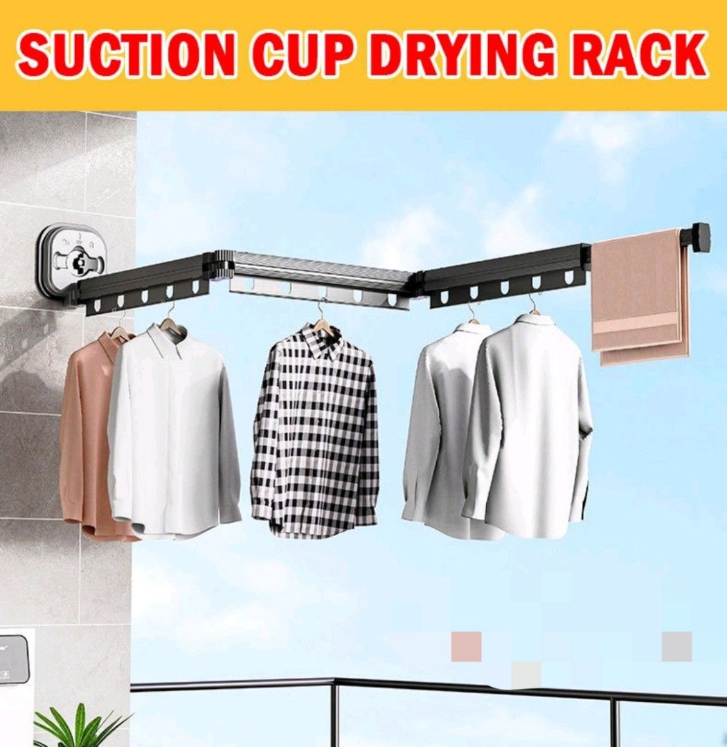 Free delivery Convenient Space saving concept Suction Cup Drying Rack Folding Clothes Hanger Wall Mounted Portable Balcony Collapsible Retractable Furniture Home Living Home Improvement Organisation H...