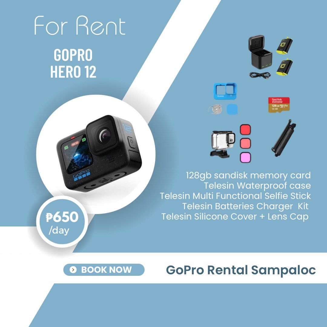 Gopro rental sampaloc (Category: Cameras) located in Manila. Submitted by hammiedos (Listing ID 1302818339, Image 3). Description: Unit Available GoPro Rental Sampaloc 📸GoPro Hero 12 Free Inclusions: 128gb sandisk memory card Telesin Waterproof case with filters Telesin Multi Functional Selfie Stick Telesin Batteries Charger Kit Telesin Silicone Cover + Lens Cap 📌additional charge for accessories not mention above 📍We accept early reservation 