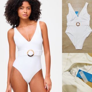 (L) H&M White Plunge Ribbed One Piece Swimsuit