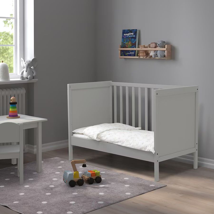 Like new IKEA grey cot with spring mattress n fitted protector