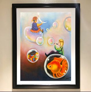 LITTLE GIRLS GOLDFISH 29 x 23 inches OIL ON CANVAS Painting with Wood Frame, Ready to Hang