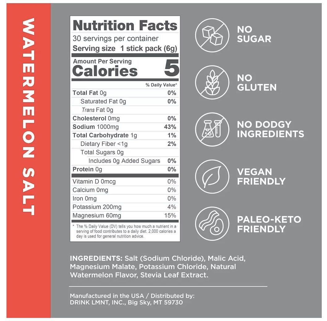 LMNT Zero-Sugar Electrolytes (Category: Health Food, Drinks & Tonics) located in Singapore. Submitted by foldgoat (Listing ID 1302848997, Image 1). Description: Tasty science-backed ratio electrolytes dose no sugar/ no gluten/ vegan and paleo-keto friendly 200mg POTASSIUM 1,000mg SODIUM 60mg MAGNESIUM Citrus: exp Aug2026 Watermelon: exp Aug2026 Lemonade: exp Apr2027 $ 2.90/ sachet.