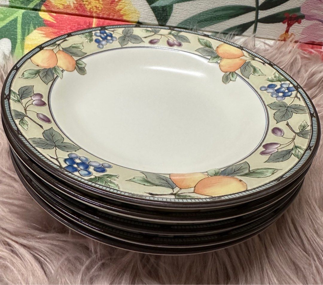 Mikasa Garden Harvest Deep Plates (Category: Dinnerware & Cutlery) located in Manila. Submitted by rarefindsgallery (Listing ID 1302859853, Image 1). Description: Mikasa Intaglio Garden Harvest Pattern Stoneware Deep Plates Set of 5 Rimmed Deep Plates Diameter: 9-3/4 inches Height: 1-3/4 inches Base Diameter: 4-1/4 inches Holds 16 ounces Colorful embossed fruits and leaves on the rim, plain cream color in the center. Vintage Dishwasher safe, Oven