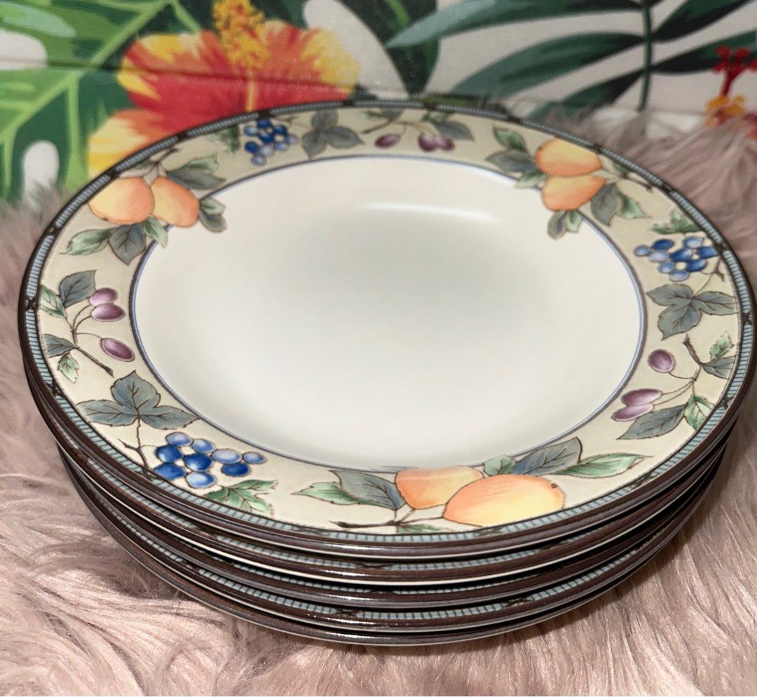 Mikasa Garden Harvest Deep Plates (Category: Dinnerware & Cutlery) located in Manila. Submitted by rarefindsgallery (Listing ID 1302859853, Image 2). Description: Mikasa Intaglio Garden Harvest Pattern Stoneware Deep Plates Set of 5 Rimmed Deep Plates Diameter: 9-3/4 inches Height: 1-3/4 inches Base Diameter: 4-1/4 inches Holds 16 ounces Colorful embossed fruits and leaves on the rim, plain cream color in the center. Vintage Dishwasher safe, Oven