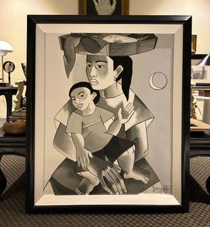 MOTHER AND CHILD 29x35 inches OIL ON CANVAS Painting with Wood Frame, Ready to Hang