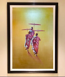 PEACE AND MONKS 40x29 inches OIL ON CANVAS Painting with Wood Frame, Ready to Hang