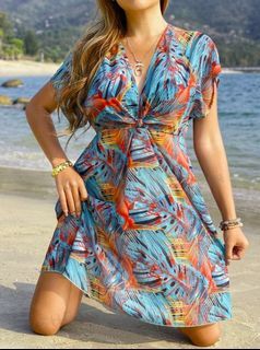 SHEIN Tropical Print Twist Front Butterfly Sleeve Cover Up Dress (Large))