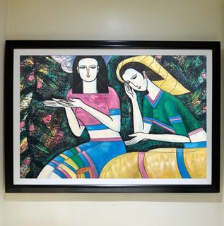 SISTERS 40x29 inches OIL ON CANVAS Painting with Wood Frame, Ready to Hang