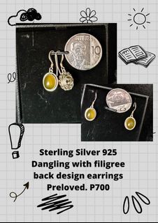 Sterling Silver 925 Earrings Filigree Back with Yellow Stone