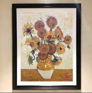 TEXTURED VAN GOGH SUNFLOWERS 29 x 23 inches OIL ON CANVAS Painting with Wood Frame, Ready to Hang
