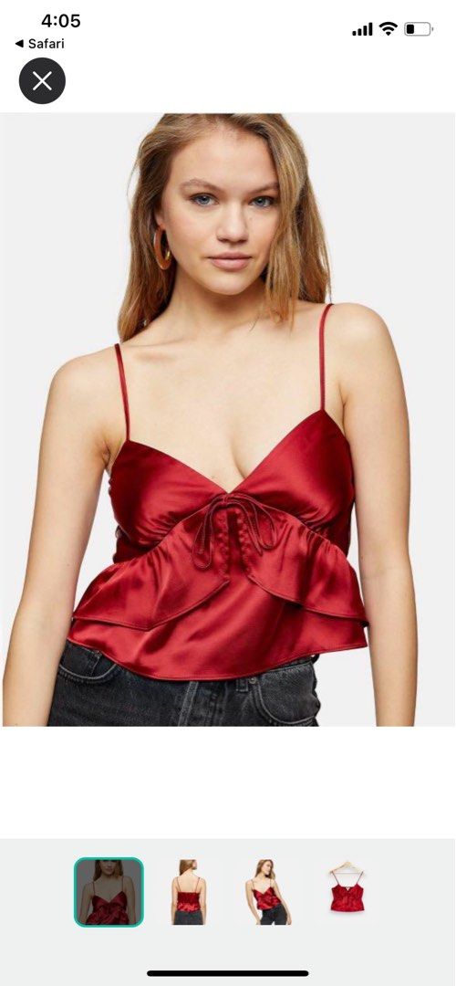 Topshop strappy ruffle satin cami in wine red UK 10