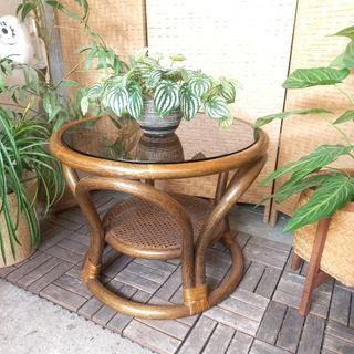 Vintage 2-tier rattan glass top solihiya center table coffee table midcentury modern