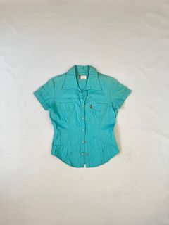 Vintage levis teal blue corpcore office siren y2k snap button down top