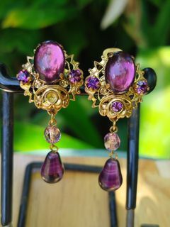Vintage West Germany Purple Glass Clip-On Earrings with Missing Rhinestone