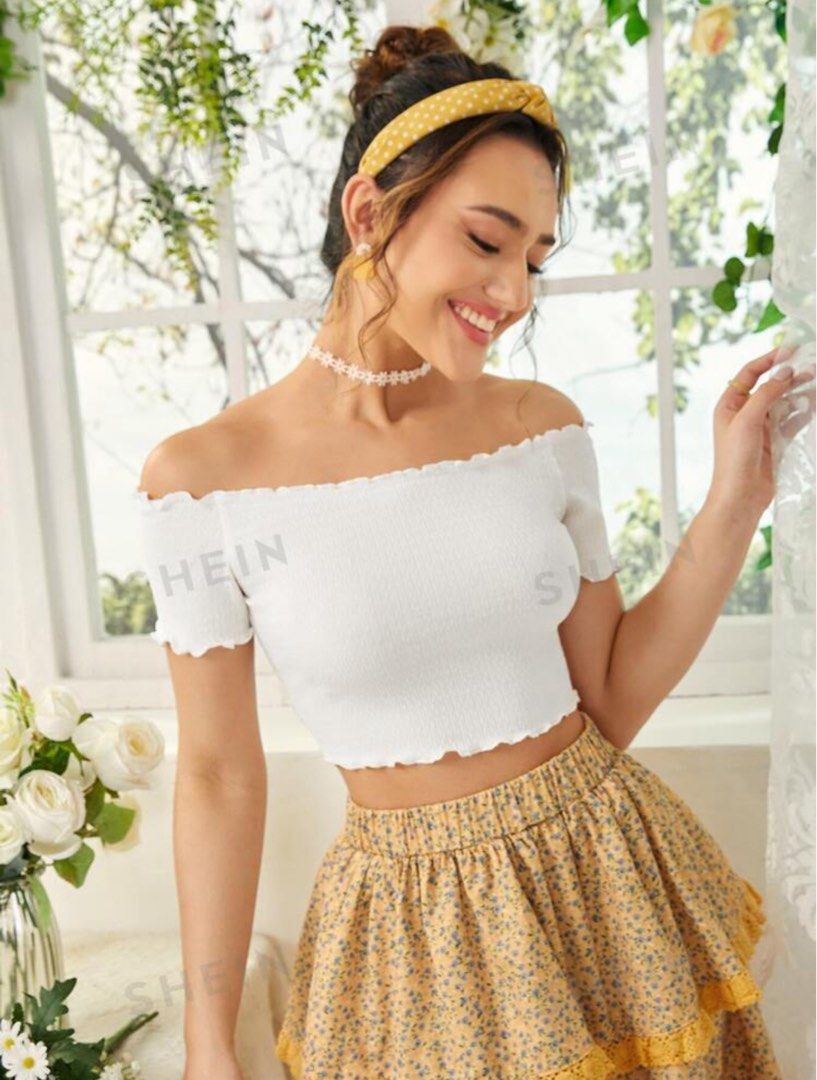 wts shein white off lettuce trim shoulder crop top, Women's