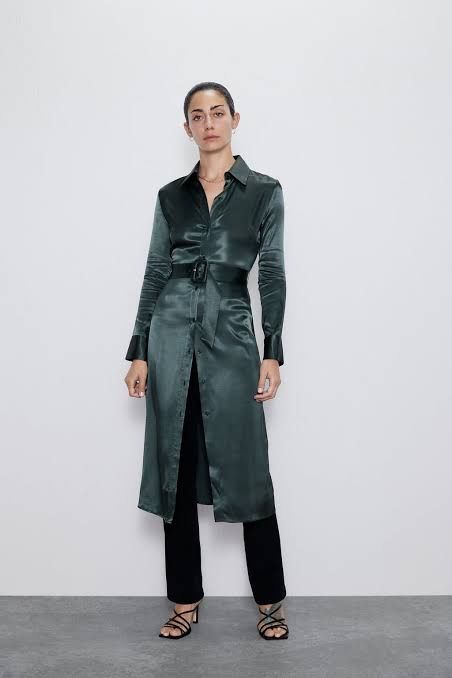 Zara Satin Dark Green Dress No Belt, Women's Fashion, Dresses & Sets,  Dresses on Carousell
