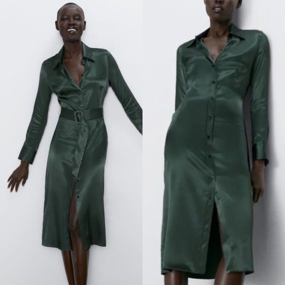 slim fit dress slacks Staud Womens Shirt Dress Green Cotton Half Sleeve Round Neck Size XS main image 0
