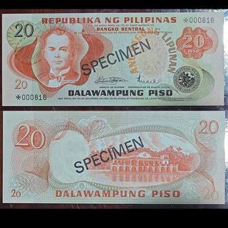 20 pesos Specimen Note Maltese Cross Philippines Uncirculated Clean Fresh Crisp Banknote ABL Ang Bagong Lipunan Franklin Mint Around the World Marcos