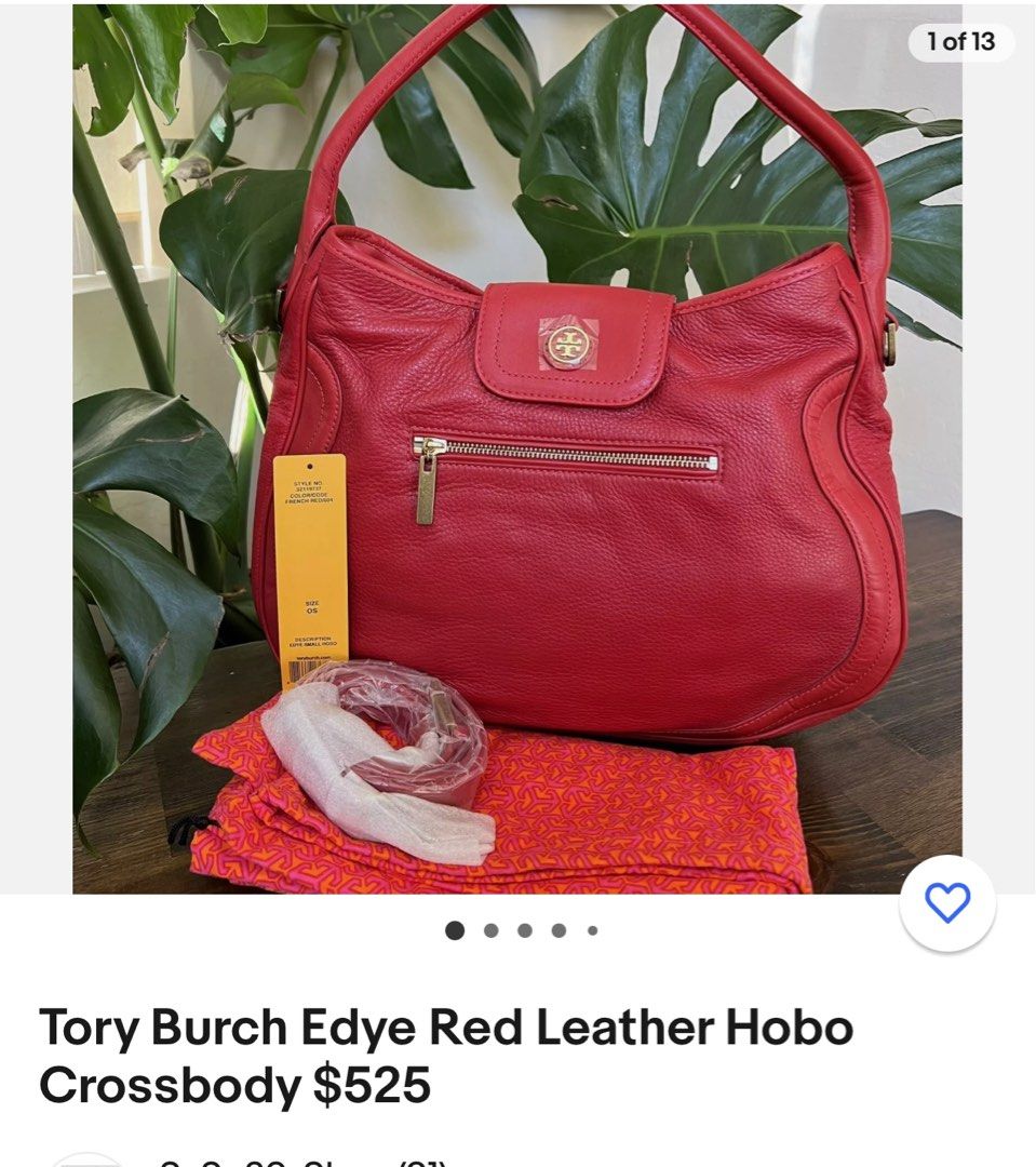 Authentic Tory Burch hobo Red (Category: Luxury Bags & Wallets) located in Quezon City. Submitted by lazylizzy (Listing ID 1302908173, Image 1). Description: Authentic Tory Burch small hobo (No sling) With dustbag In very good condition. RFS: Decluttering. Not my style. I like crossbody bags.