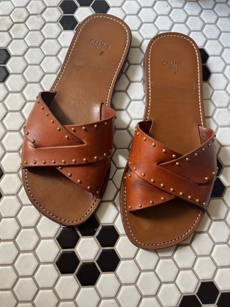 Celine Lerins Criss Cross Slides Tan Gold