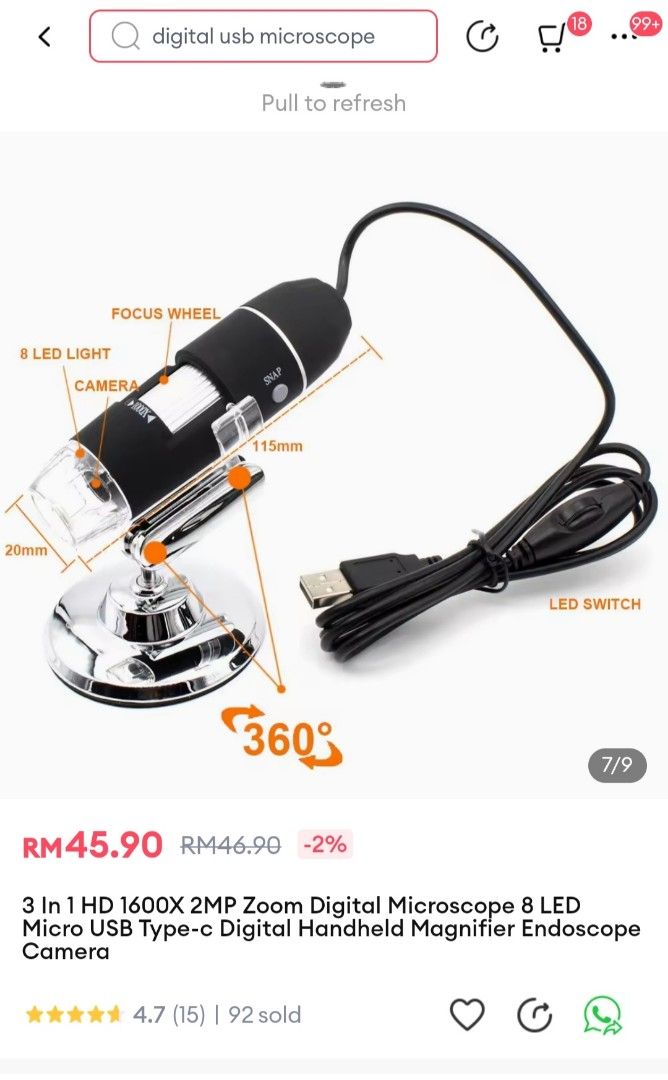Digital Microscope (Category: Craft Supplies & Tools) located in Mentakab. Submitted by zombie78 (Listing ID 1303068586, Image 1). Description: Item lengkap cuma stand shj xde dlm packaging. Yg ada seperti gambar tu. Barang baru..