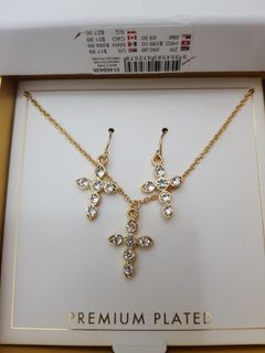 FROM ABROAD: Set of Necklace and Drop / Dangling Earrings Gold Cross with Crystal studs  - A452 Necklaces Crosses Bridal Debut